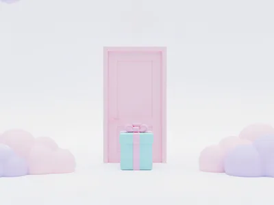Pembe kapı önünde duran kurdeleli hediye