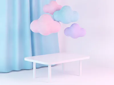 Pastel stüdyo köşesi, gök mavisi perde ve boş masa