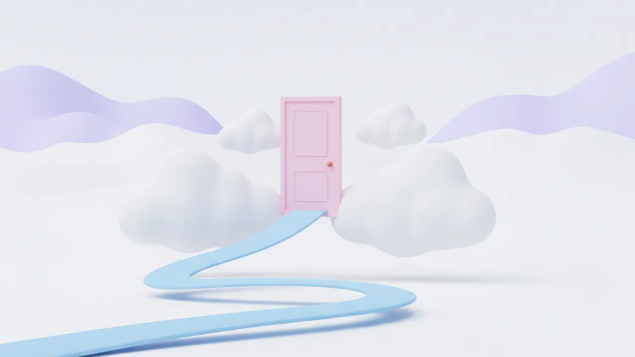 Bulutlar arasında yeni bir yola bağlanan pastel pembe kapı