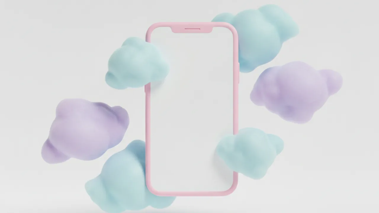 Pastel bulutların arasında ekranı boş duran telefon